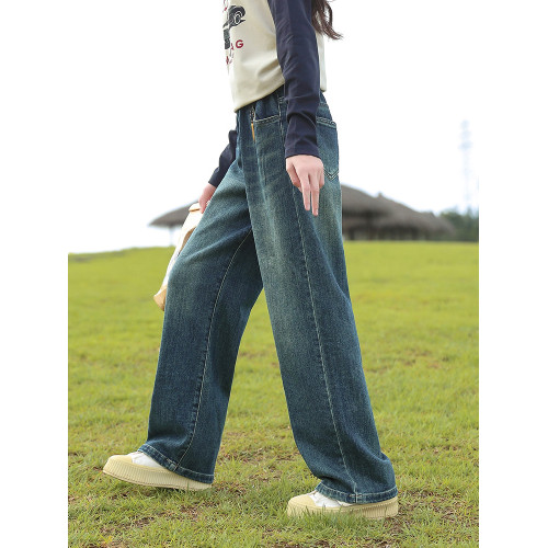 女童牛仔褲春裝2025新款大童初中生濶腿褲春季兒童直筒褲子春秋款