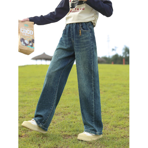 女童牛仔褲春裝2025新款大童初中生濶腿褲春季兒童直筒褲子春秋款