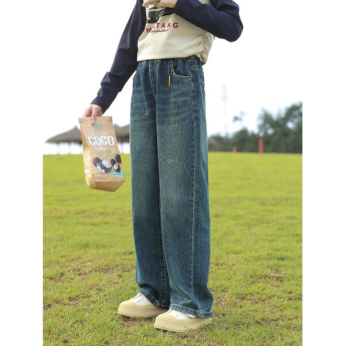 女童牛仔褲春裝2025新款大童初中生濶腿褲春季兒童直筒褲子春秋款