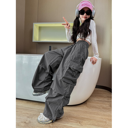 女童工裝褲薄款黑色潮酷洋氣夏季兒童休閒繖兵褲女大童褲子速乾褲