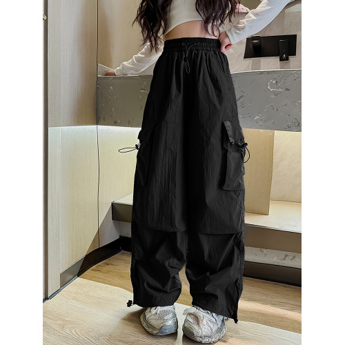 女童工裝褲薄款黑色潮酷洋氣夏季兒童休閒繖兵褲女大童褲子速乾褲