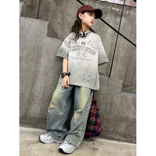 女童街舞短袖t恤兒童夏季爵士上衣9女孩潮酷穿搭破洞半袖體恤潮服