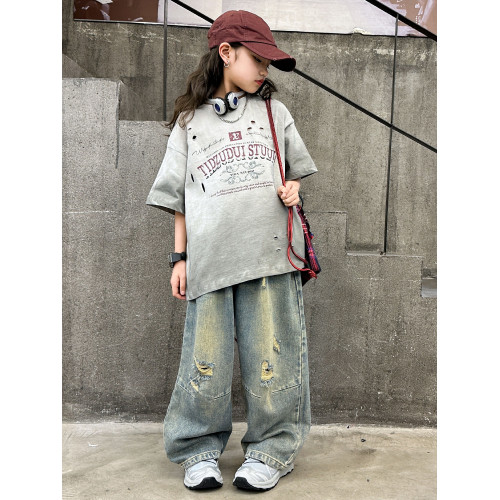 女童街舞短袖t恤兒童夏季爵士上衣9女孩潮酷穿搭破洞半袖體恤潮服