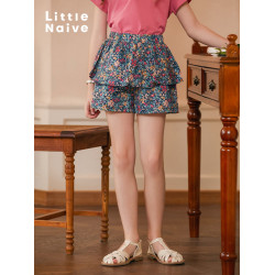 LittleNaive女童純棉短褲夏季新款田園碎花褲子兒童法式蛋糕裙褲