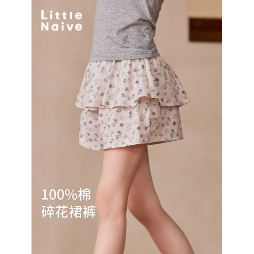 LittleNaive女童純棉短褲夏季新款田園碎花褲子兒童法式蛋糕裙褲