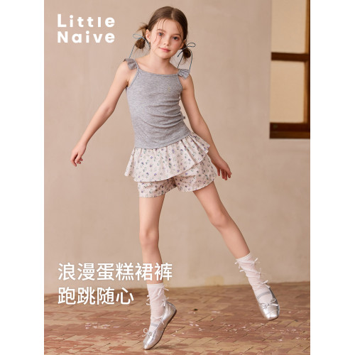 LittleNaive女童純棉短褲夏季新款田園碎花褲子兒童法式蛋糕裙褲