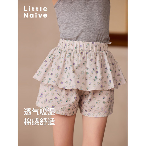 LittleNaive女童純棉短褲夏季新款田園碎花褲子兒童法式蛋糕裙褲