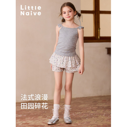 LittleNaive女童純棉短褲夏季新款田園碎花褲子兒童法式蛋糕裙褲
