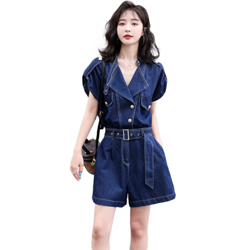 牛仔連體褲女2025夏新款時尚百搭顯瘦寬松休閒運動風短褲連體衣潮