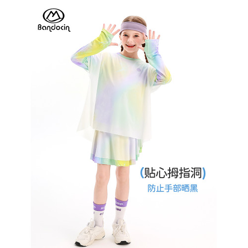 半度閒女童夏裝防曬假兩件長袖t恤薄款透氣2025新款兒童夏季上衣T