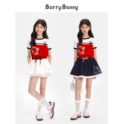 BarryBanny女童俏皮貓咪短袖T恤夏款兒童圓領冰絲抗皺薄款上衣