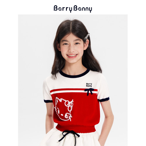 BarryBanny女童俏皮貓咪短袖T恤夏款兒童圓領冰絲抗皺薄款上衣
