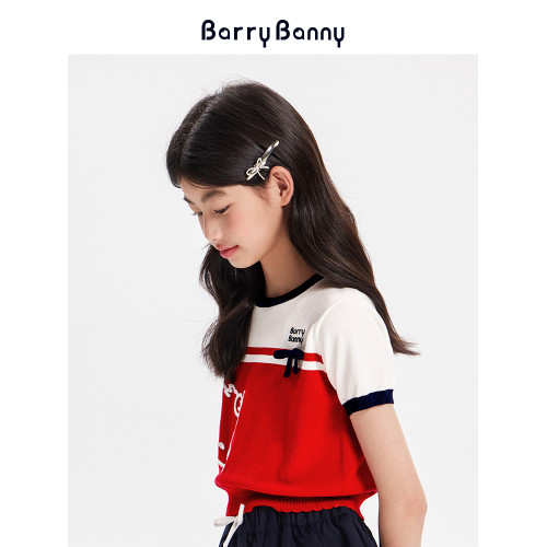BarryBanny女童俏皮貓咪短袖T恤夏款兒童圓領冰絲抗皺薄款上衣