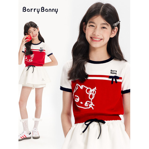BarryBanny女童俏皮貓咪短袖T恤夏款兒童圓領冰絲抗皺薄款上衣