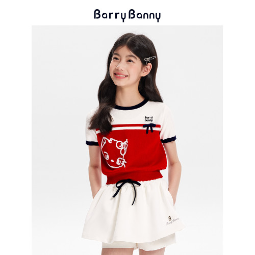 BarryBanny女童俏皮貓咪短袖T恤夏款兒童圓領冰絲抗皺薄款上衣