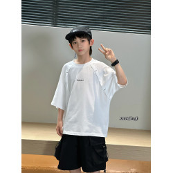 潼哥中大童潮牌春夏兒童短袖t恤純棉青少年拼接設計感上衣親子裝
