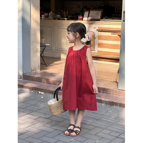 女童純棉棉布裙子2025夏季時髦連衣裙兒童紅色氣質無袖公主背心裙