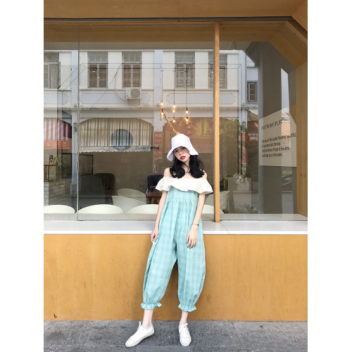 連體褲女夏2022新款寬松束口褲子小清新荷葉邊一字領露肩連體衣女
