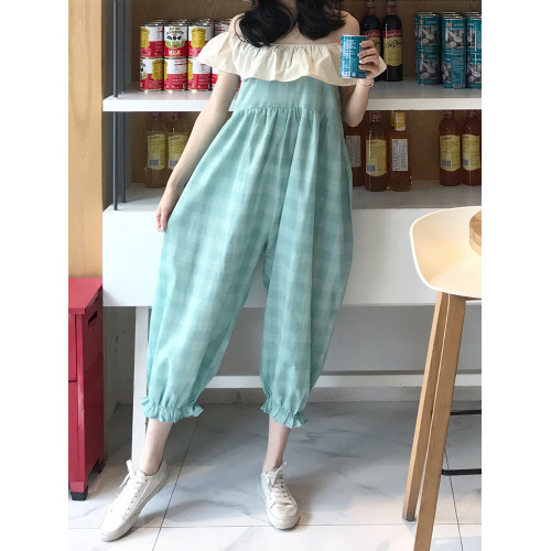 連體褲女夏2022新款寬松束口褲子小清新荷葉邊一字領露肩連體衣女