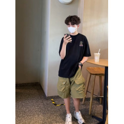 男童半袖t恤夏季新款童裝親子裝兒童時尚卡通圖案黑色短袖打底衫