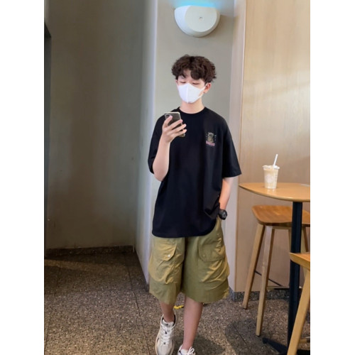 男童半袖t恤夏季新款童裝親子裝兒童時尚卡通圖案黑色短袖打底衫