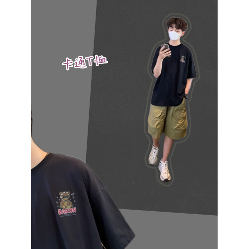 男童半袖t恤夏季新款童裝親子裝兒童時尚卡通圖案黑色短袖打底衫