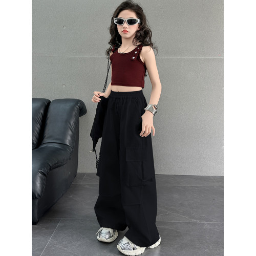 女童工裝褲夏裝外穿褲子兒童洋氣水洗棉濶腿褲中大童休閒長褲潮牌