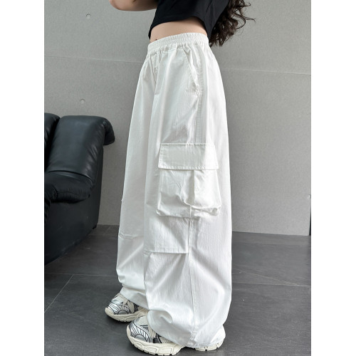 女童工裝褲夏裝外穿褲子兒童洋氣水洗棉濶腿褲中大童休閒長褲潮牌