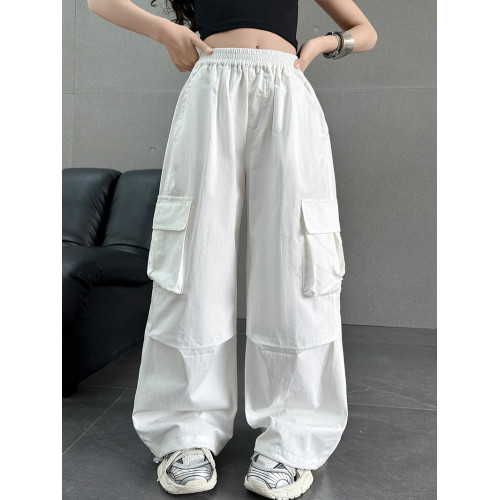 女童工裝褲夏裝外穿褲子兒童洋氣水洗棉濶腿褲中大童休閒長褲潮牌