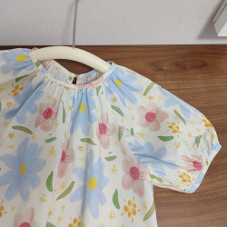 自畱chao愛！110-170鹽系泡泡袖碎花襯衫 女童夏季純棉花朵娃娃衫