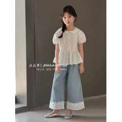 女童夏季娃娃衫女孩子法式小衫短袖2025新款兒童白色襯衫泡泡上衣