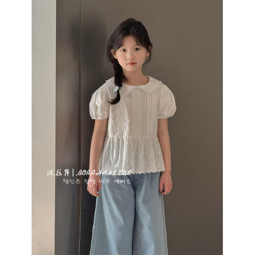 女童夏季娃娃衫女孩子法式小衫短袖2025新款兒童白色襯衫泡泡上衣