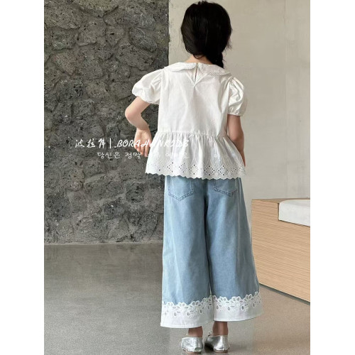 女童夏季娃娃衫女孩子法式小衫短袖2025新款兒童白色襯衫泡泡上衣