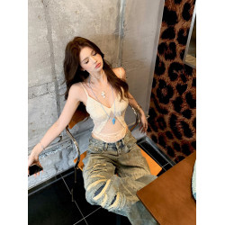 廣州十三行爆款推薦~蕾絲吊帶背心女鏤空連體衣辣妹修身內搭上衣