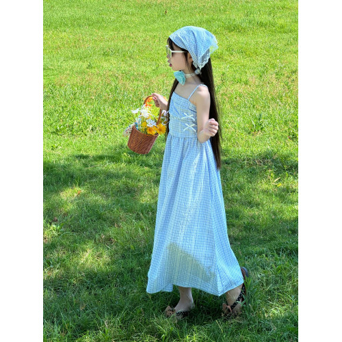 女童連衣裙夏季新款兒童田園風長裙女孩格子吊帶裙女大童裙子法式