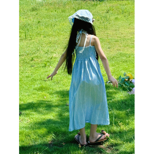 女童連衣裙夏季新款兒童田園風長裙女孩格子吊帶裙女大童裙子法式