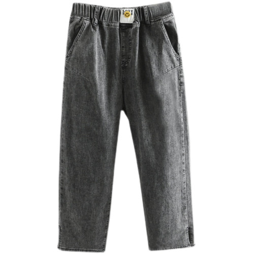 2023夏季韓版新款大碼女牛仔褲松緊腰笑臉字母彈力開叉八分褲