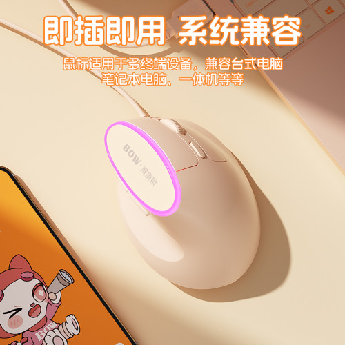 BOW有線人體工學滑鼠筆電桌上型電腦女生靜音垂直立式滑鼠帶背光