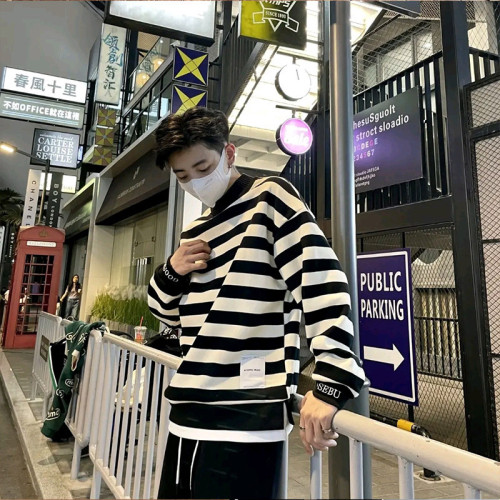 YOA秋冬新款潮牌加絨加厚保暖圓領條紋假兩件百搭長袖衛衣打底衫