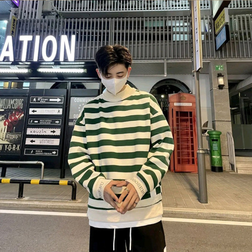 YOA秋冬新款潮牌加絨加厚保暖圓領條紋假兩件百搭長袖衛衣打底衫