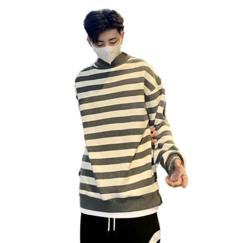 YOA秋冬新款潮牌加絨加厚保暖圓領條紋假兩件百搭長袖衛衣打底衫