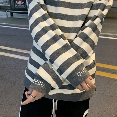 YOA秋冬新款潮牌加絨加厚保暖圓領條紋假兩件百搭長袖衛衣打底衫