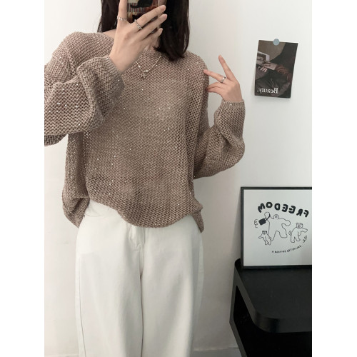 重工亮片鏤空亞麻針織打底衫女顯瘦滿天星寬松設計感上衣罩衫歐貨