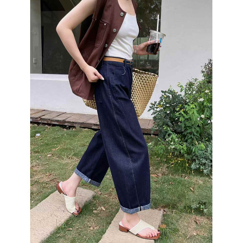 爆犀牛2025夏季新款寬松小個子彎刀褲女牛仔褲顯瘦直筒九分濶腿褲