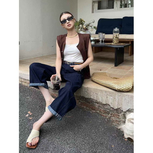 爆犀牛2025夏季新款寬松小個子彎刀褲女牛仔褲顯瘦直筒九分濶腿褲