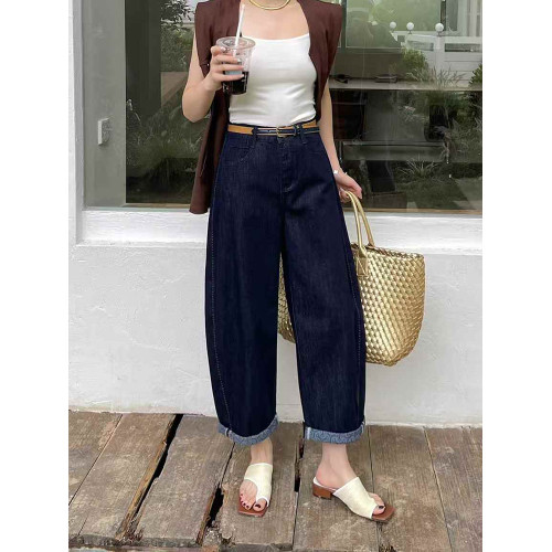 爆犀牛2025夏季新款寬松小個子彎刀褲女牛仔褲顯瘦直筒九分濶腿褲