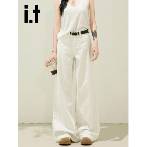 it:CHOCOOLATE米白色濶腿褲女牛仔褲高腰直筒高級感垂感新款褲子