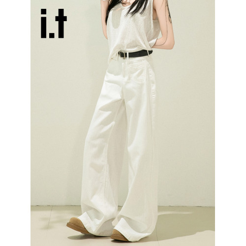 it:CHOCOOLATE米白色濶腿褲女牛仔褲高腰直筒高級感垂感新款褲子