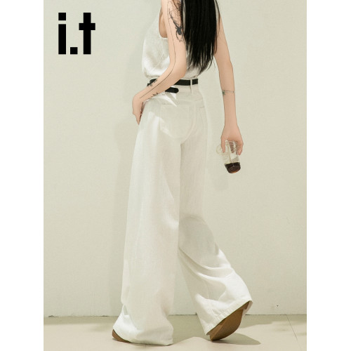 it:CHOCOOLATE米白色濶腿褲女牛仔褲高腰直筒高級感垂感新款褲子