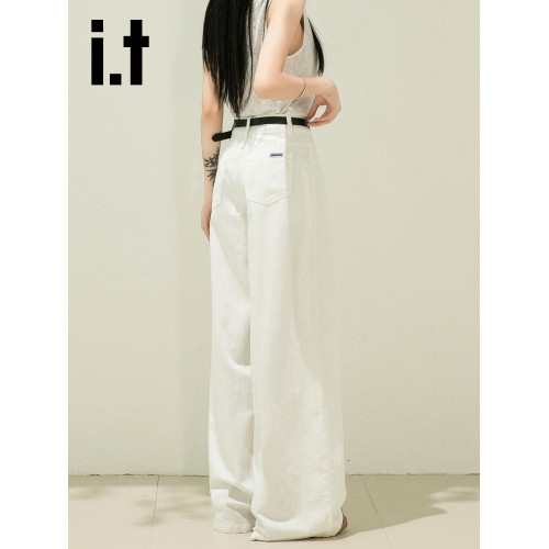 it:CHOCOOLATE米白色濶腿褲女牛仔褲高腰直筒高級感垂感新款褲子